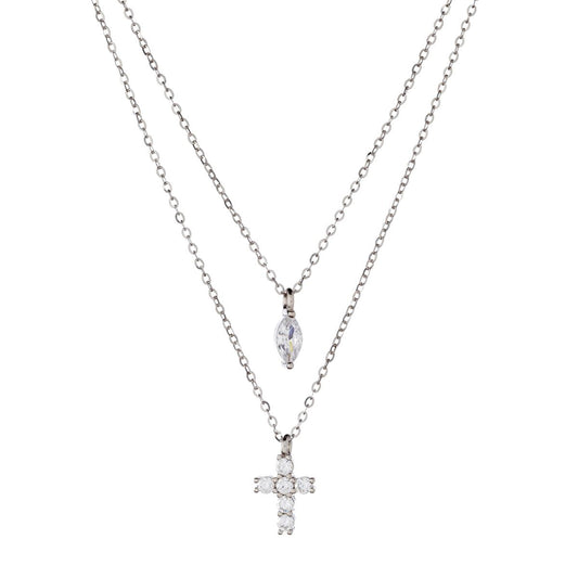 Collar de cruz de doble cadena de plata de ley