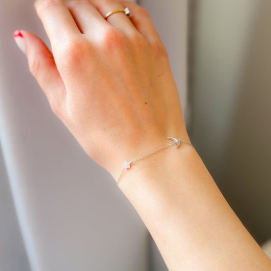 Pulsera de Luna y Estrella de Plata de Ley