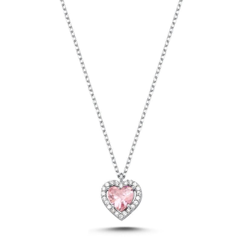 Collar de Corazón de Plata de Ley con Circonitas Rosas