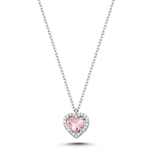 Collar de Corazón de Plata de Ley con Circonitas Rosas