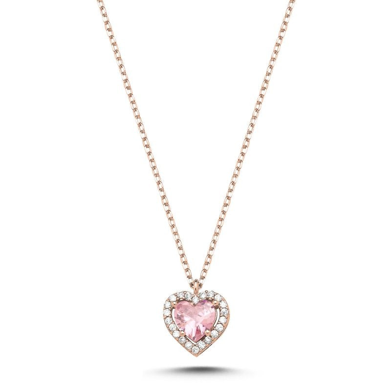 Collar de Corazón de Plata de Ley con Circonitas Rosas