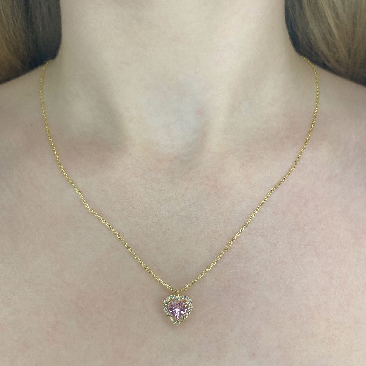 Collar de Corazón de Plata de Ley con Circonitas Rosas