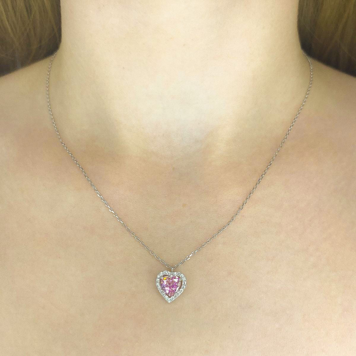 Collar de Corazón de Plata de Ley con Circonitas Rosas