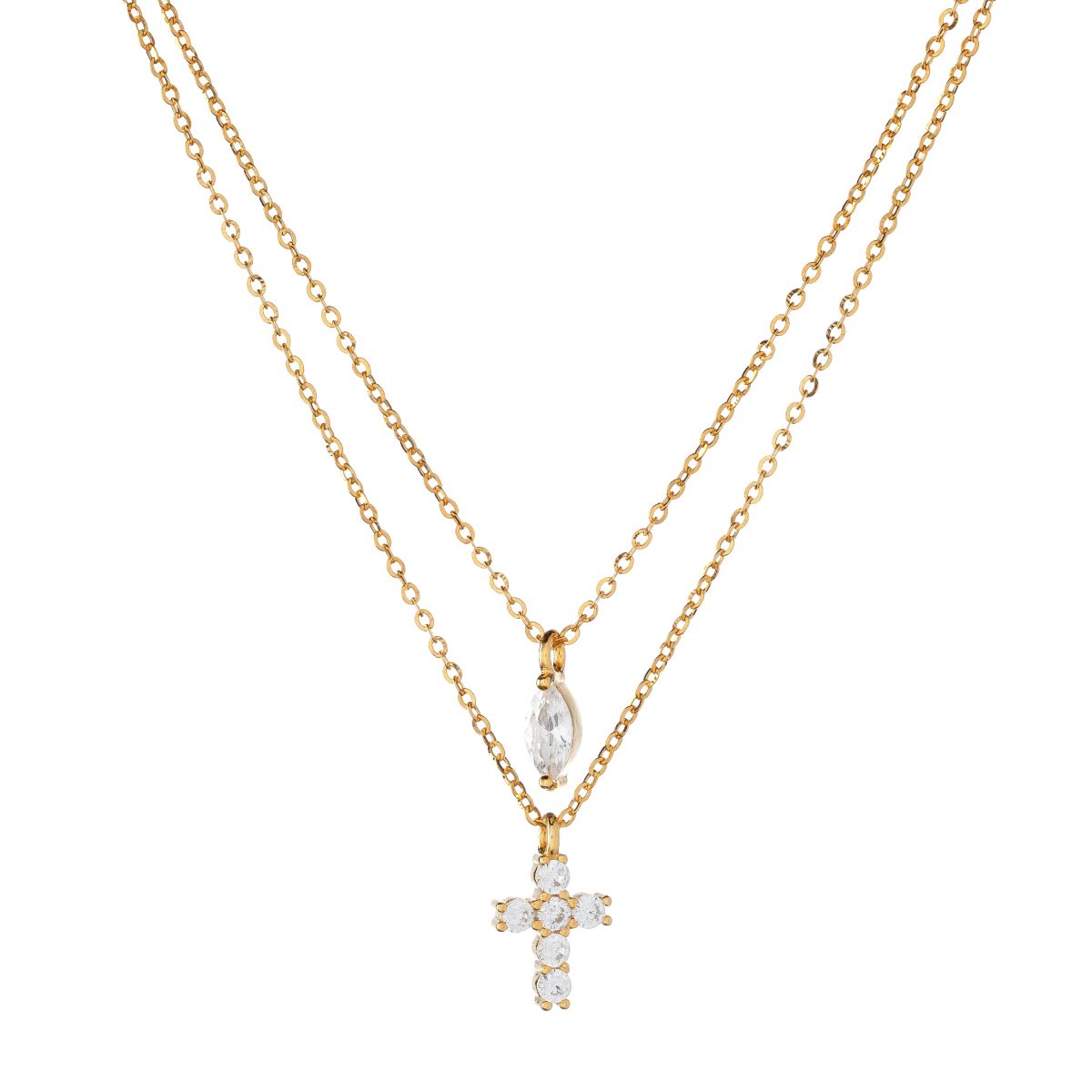Collar de cruz de doble cadena de plata de ley