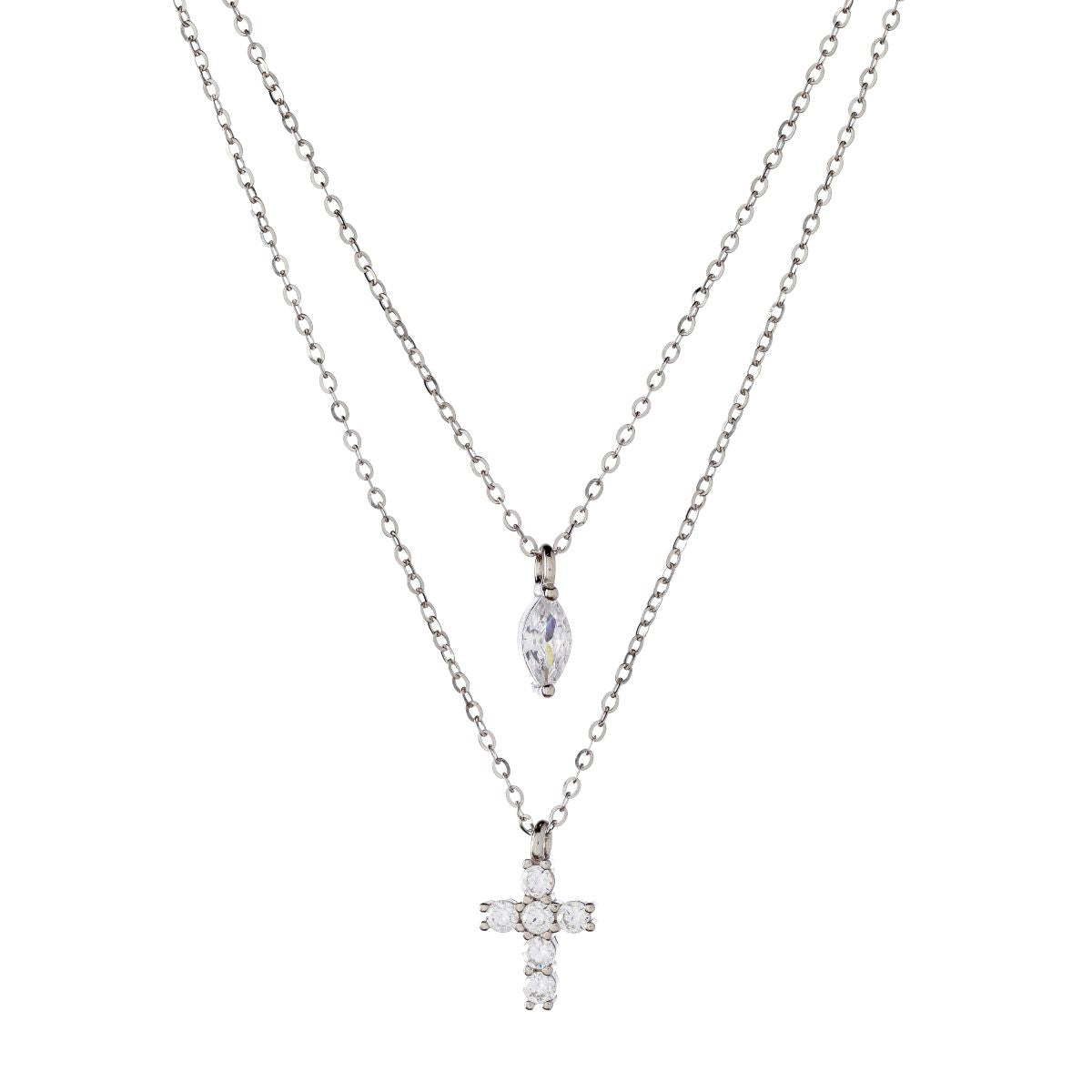 Collar de cruz de doble cadena de plata de ley