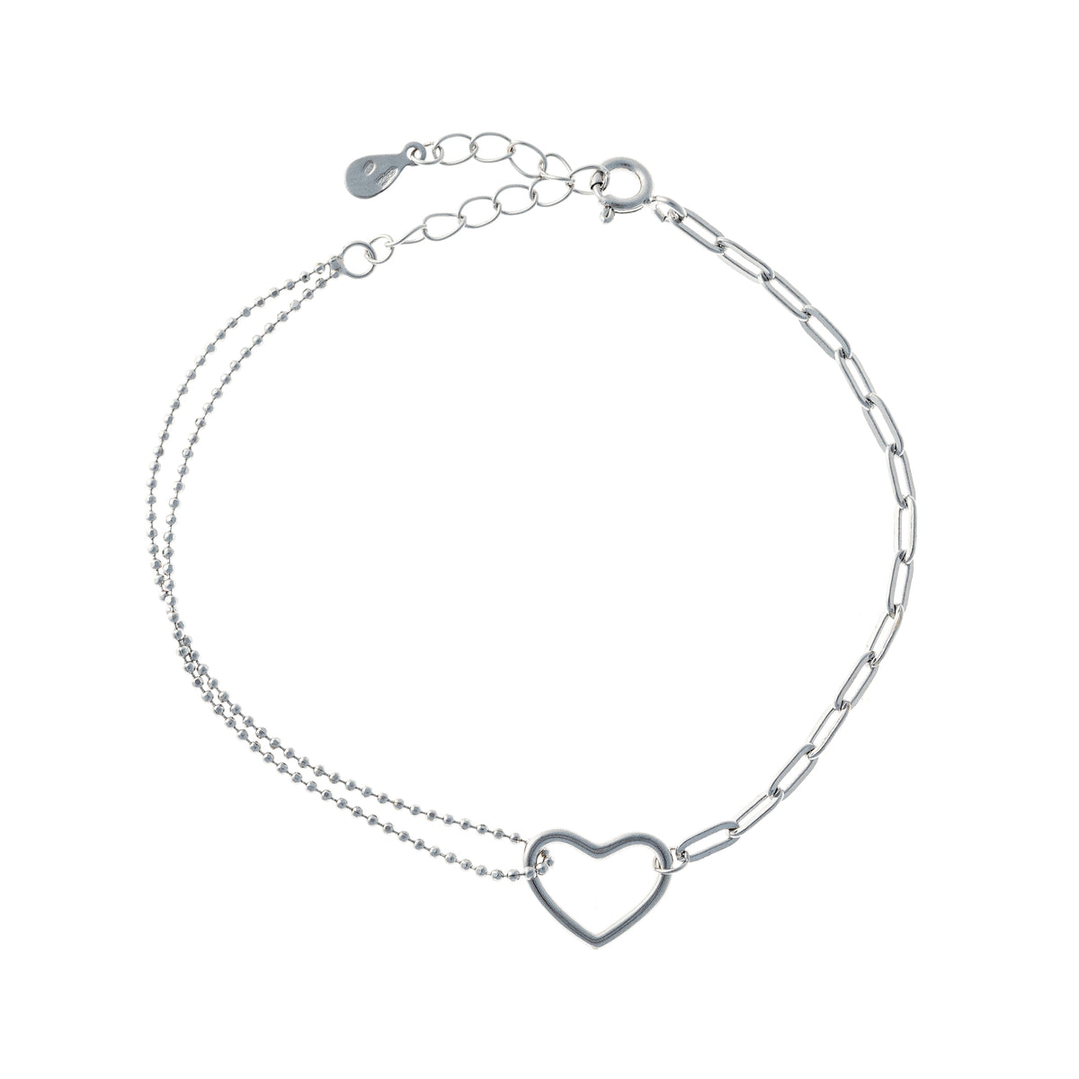Pulsera de plata de ley con doble cadena y corazón