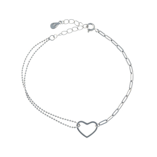 Pulsera de plata de ley con doble cadena y corazón
