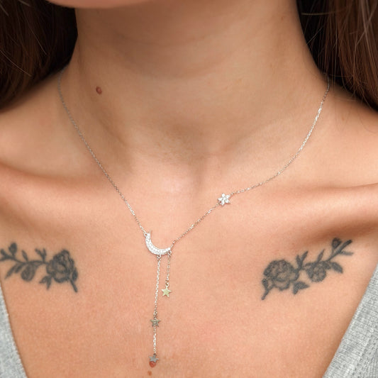 Collar de luna y estrellas de plata de ley
