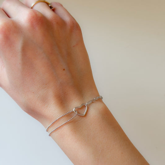 Pulsera de plata de ley con doble cadena y corazón